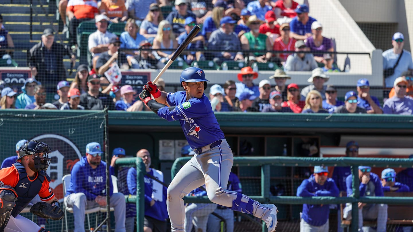 Feb 25, 2026; Lakeland, Florida, USA; Toronto Blue Jays third baseman Kazuma Okamoto (7) bats during the fourth inning against the Detroit Tigers at Publix Field at Joker Marchant Stadium. Mandatory Credit: Mike Watters-Imagn Images