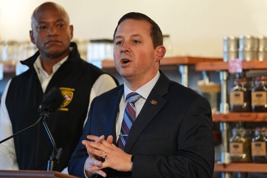 Maryland Senate President Bill Ferguson, right, speaks during a press conference alongside Maryland Gov. Wes Moore, in Severna Park, Maryland, on January 20.