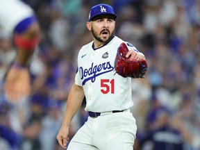 Alex Vesia of the Los Angeles Dodgers celebrates during a game in 2024.