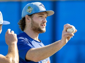 Toronto Blue Jays pitcher Trey Yesavage talks about his pitches at Spring Training in Dunedin, Fla..