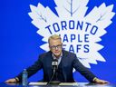 Keith Pelley, president and CEO of Maple Leaf Sports and Entertainment, addresses media at Scotiabank Arena last year.