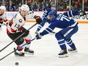 Belleville Senators Xavier Bourgault tries to power past Toronto Marlies William Villeneuve during a game earlier this season.