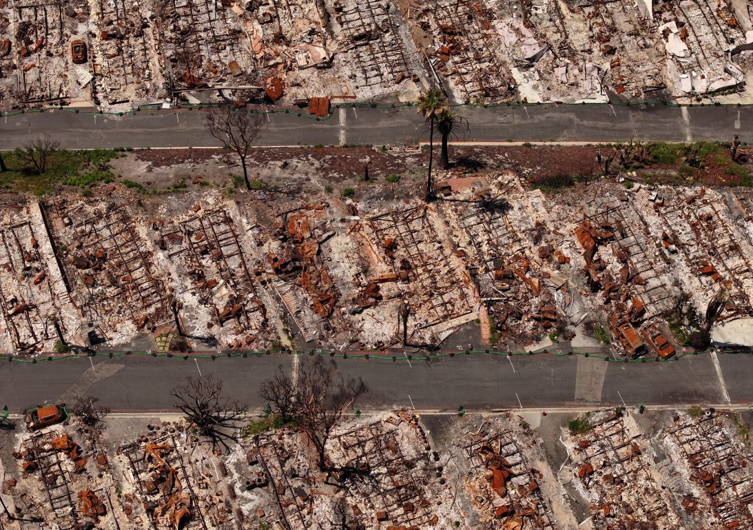 An aerial view of a mobile home park destroyed by the Palisades Fire, on May 7, 2025.