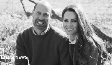 A black and white photograph of Prince William (right) and his wife Kate (left)