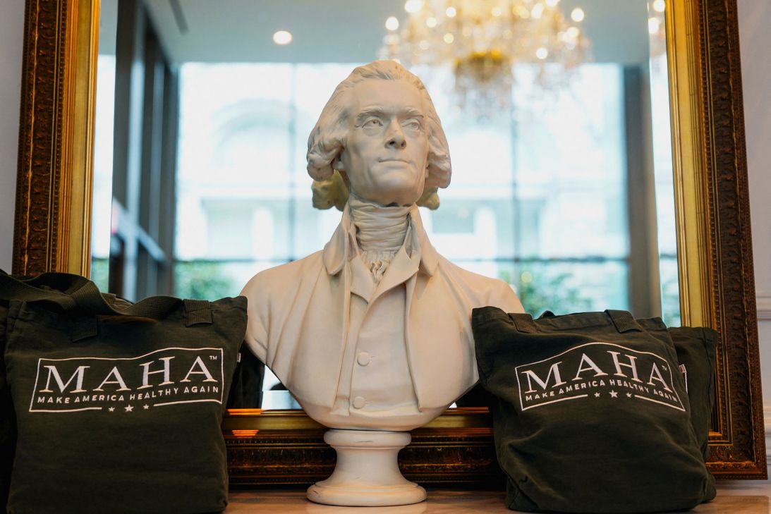 A bust of former President Thomas Jefferson sits next to tote bags at the inaugural Make America Healthy Again summit in Washington on November 12.