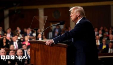 Trump seen shaking hands with Vice-President Vance and Speaker of the House Johnson during his March 2025 speech to Congress