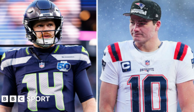 Sam Darnold of the Seattle Seahawks and Drake Maye of the New England Patriots ahead of the Super Bowl