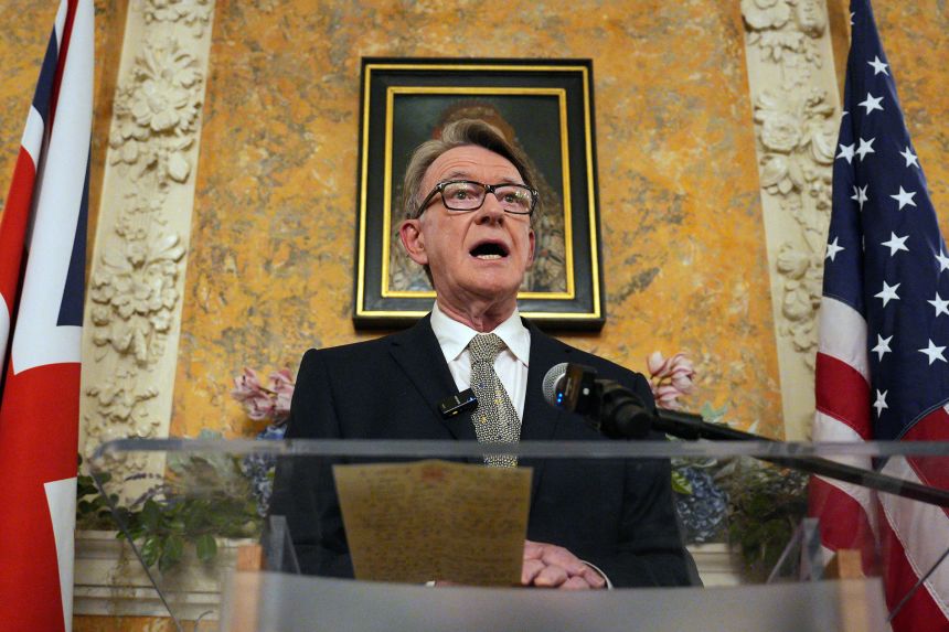 Peter Mandelson speaks at the British ambassador's residence in Washington, DC, on February 26, 2025.