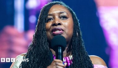 MP Dawn Butler presents Kanya King with the Paving The Way Award during the MOBO Awards 2025 at the Utilita Arena on February 18, 2025 in Newcastle upon Tyne, England