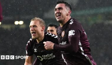 Hearts manager Derek McInnes smiling as he talks to BBC Sport in the Hearts home dressing room at Tynecastle