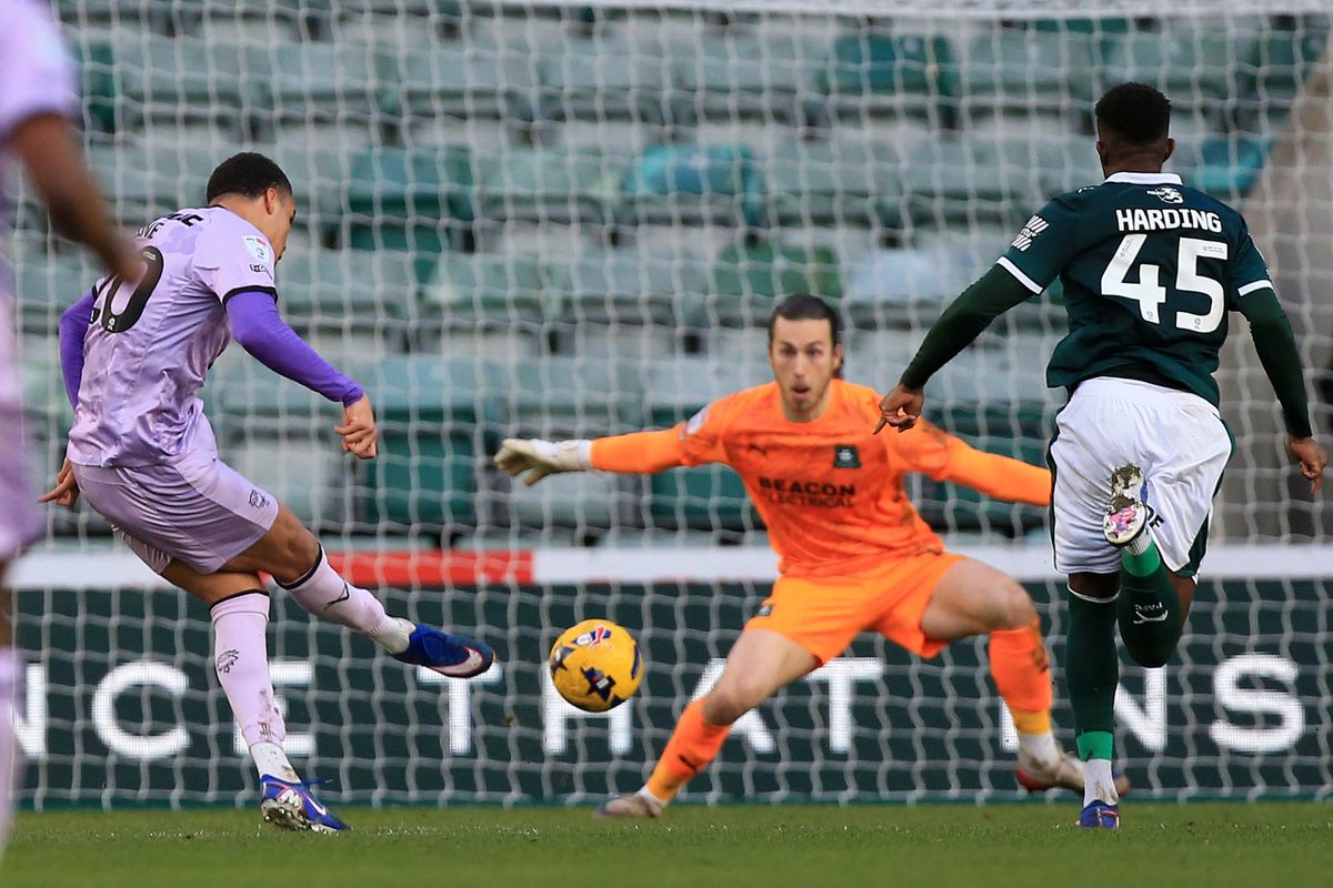 Ryan One scores Lincoln City's final goal in their 4-1 League One win against Argyle at Home Park on February 7, 2026 - Photo: Dave Rowntree/PPAUK