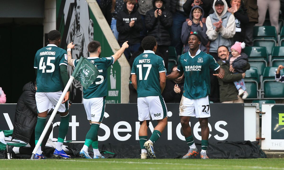 Goal celebrations for Bim Pepple (right) during Argyle's League One game against Lincoln City at Home Park on February 7, 2026 - Photo: Dave Rowntree/PPAUK