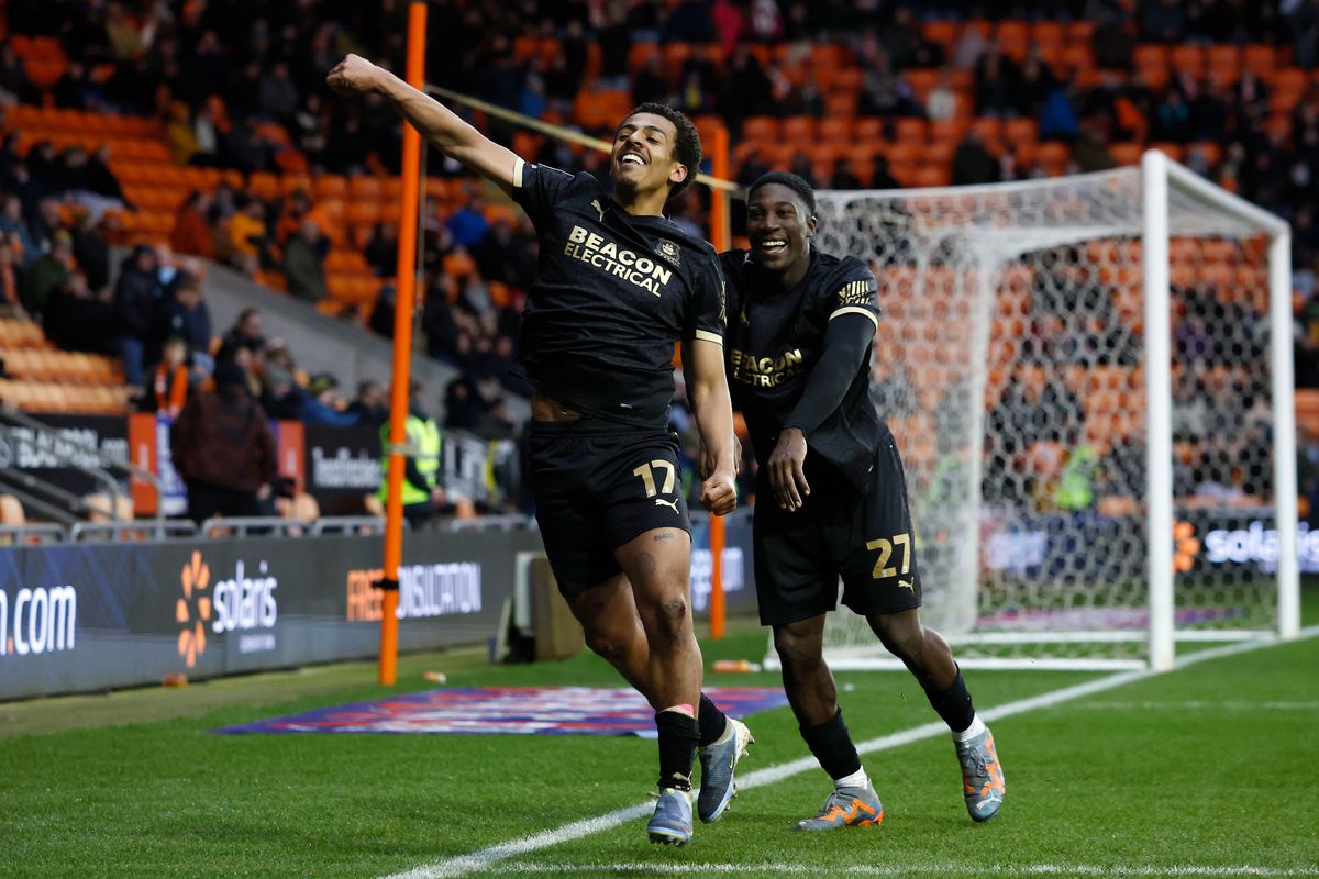 Goal celebrations for Caleb Watts of Plymouth Argyle during the EFL League One match between Blackpool and Plymouth Argyle at Bloomfield Road on 14 February 2026 in Blackpool, England (Photo by Steve Taylor/PPAUK)