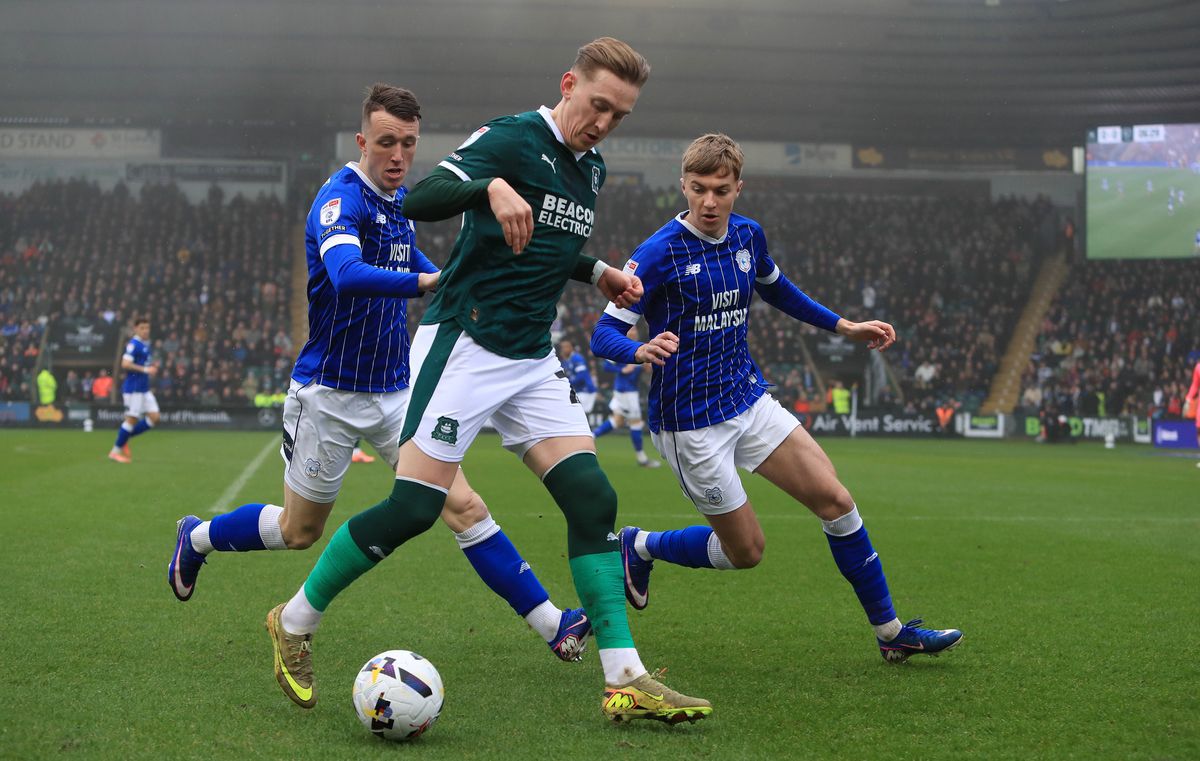 Ronan Curtis battles for the ball during Argyle's League One game against Cardiff City at Home Park on 21 February 2026 - Photo: Dave Rowntree/PPAUK