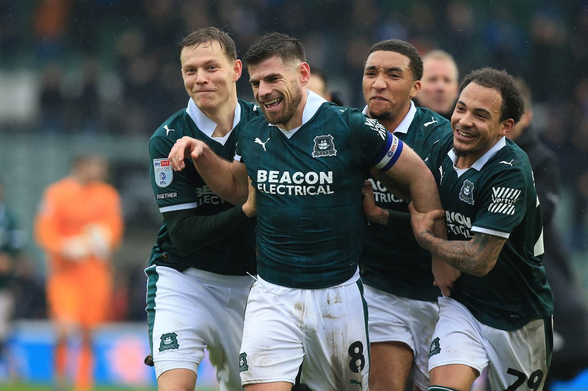 Final whistle delight for Argyle captain Joe Edwards and his teammates after the 5-2 League One win against Cardiff City at Home Park on 21 February 2026 - Photo: Dave Rowntree/PPAUK