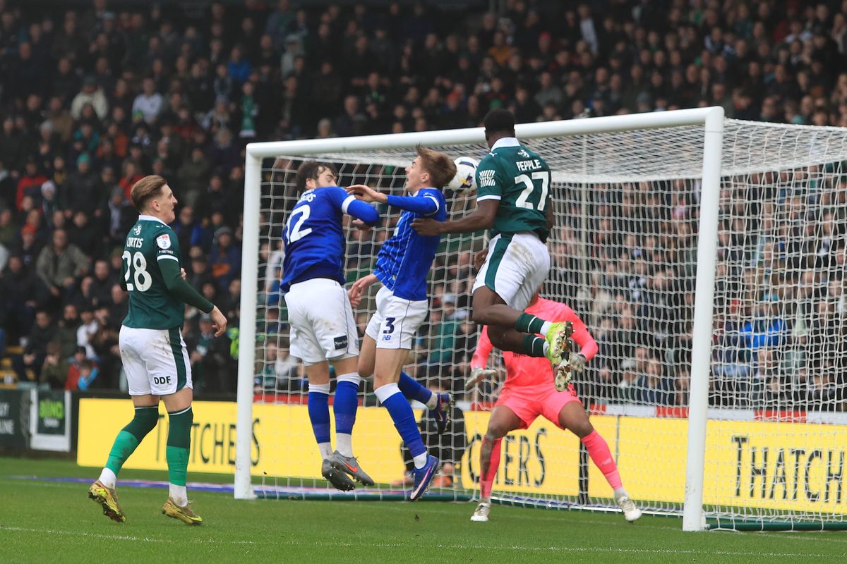 Argyle striker Bim Pepple scores with a header during the League One game against Cardiff City at Home Park on 21 February 2026- Photo: Dave Rowntree/PPAUK