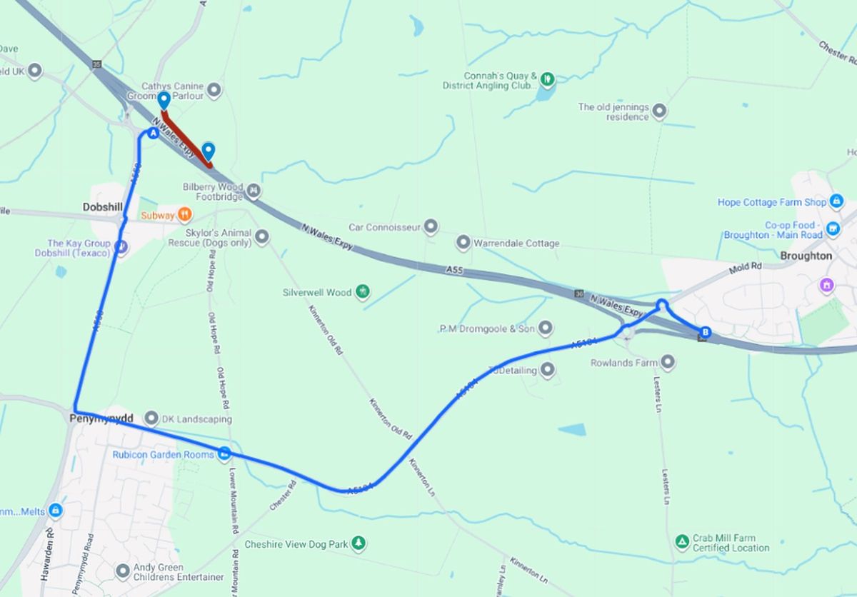 Diversion route to Broughton from the Dobshill eastbound on-slip
