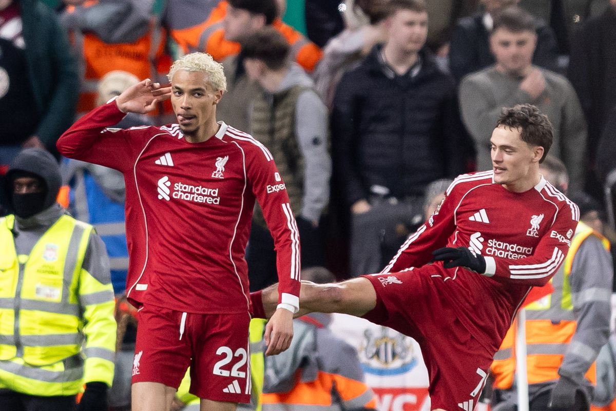 Hugo Ekitike of Liverpool celebrates with Florian Wirtz after scoring his side's second goal during the Premier League match against Newcastle United at Anfield on January 31 2026