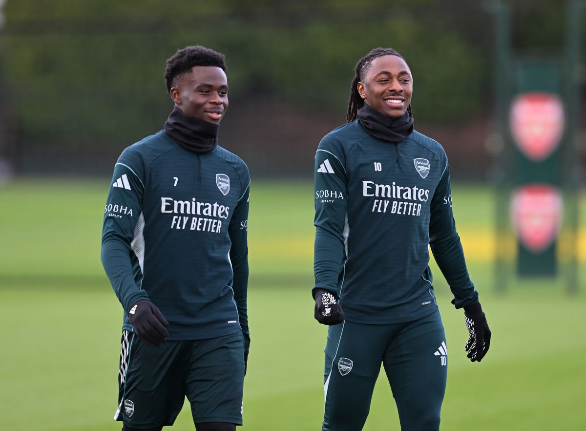 Bukayo Saka and Eberechi Eze of Arsenal during a training sesssion at Sobha Realty Training Centre on January 30, 2026 in London Colney, England