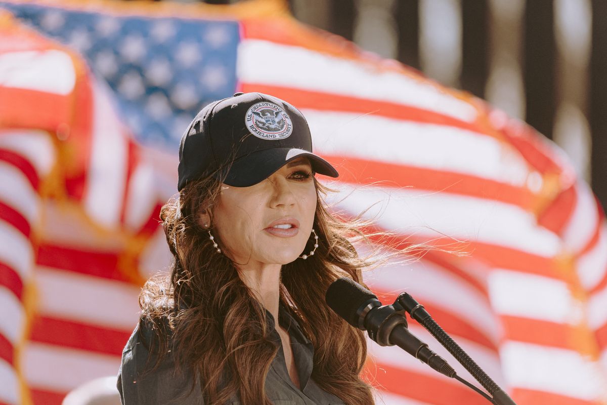 Kristi Noem speaks during a press conference near the border wall between the U.S. and Mexico