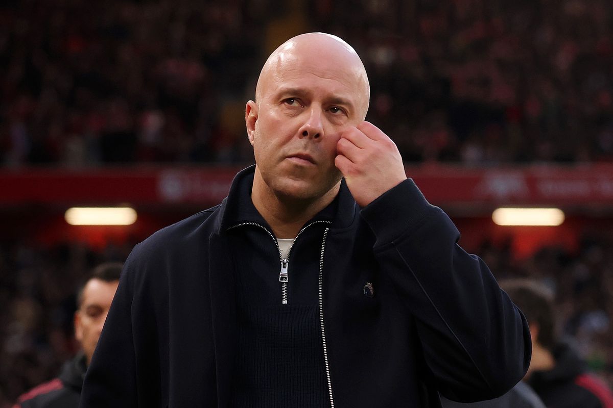 LIVERPOOL, ENGLAND - FEBRUARY 08: Arne Slot, Manager of Liverpool, reacts prior to the Premier League match between Liverpool and Manchester City at Anfield on February 08, 2026 in Liverpool, England. (Photo by Carl Recine/Getty Images)