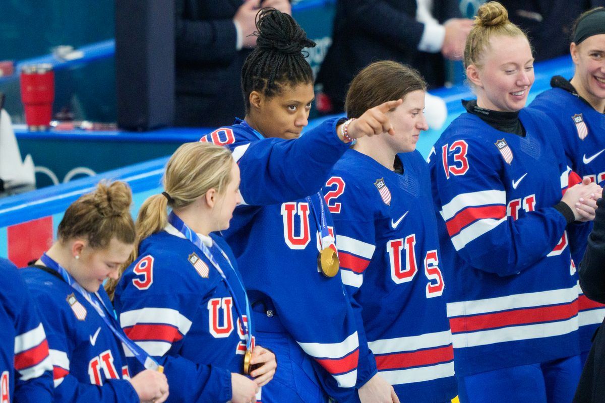 Laila Edwards #10 of Team United States celebrates with the Gold Medal at the winners ceremony after the Women`s Ice Hockey Gold Medal Game between USA and Canada (2-1 OT) on day thirteen of the Milano Cortina 2026 Winter Olympic games at Milano Santagiulia Ice Hockey Arena on February 19, 2026 in Milan, Italy