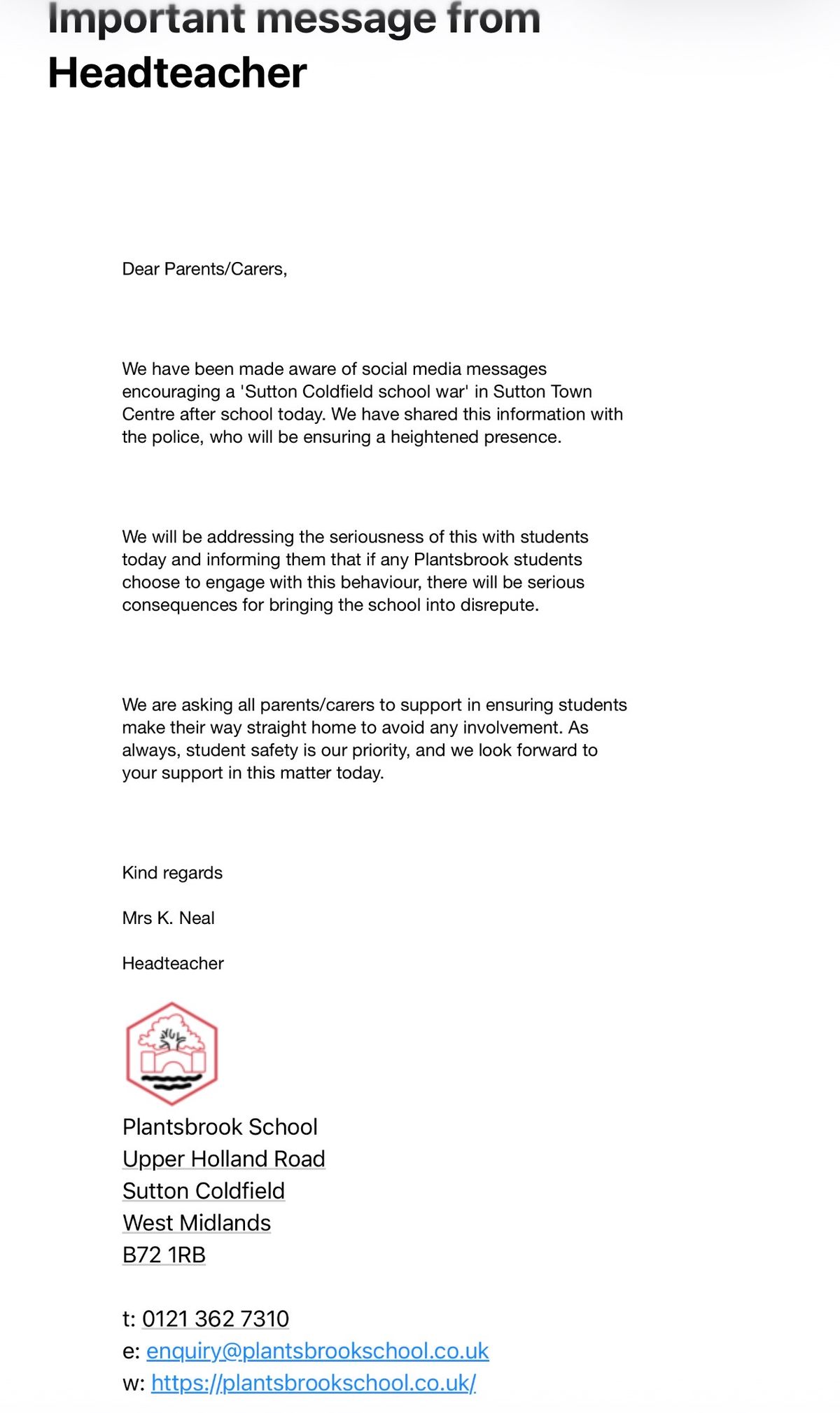The warning of a 'Sutton Coldfield school war' plan issued to parents and carers with children at Plantsbrook School 