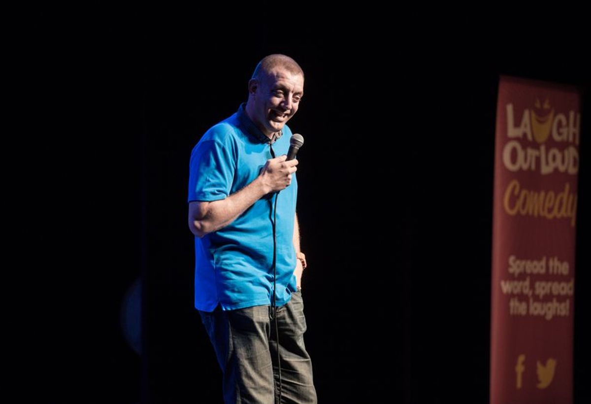 Davey performing at the Laugh Out Loud Comedy Club night at The Atkinson in Southport