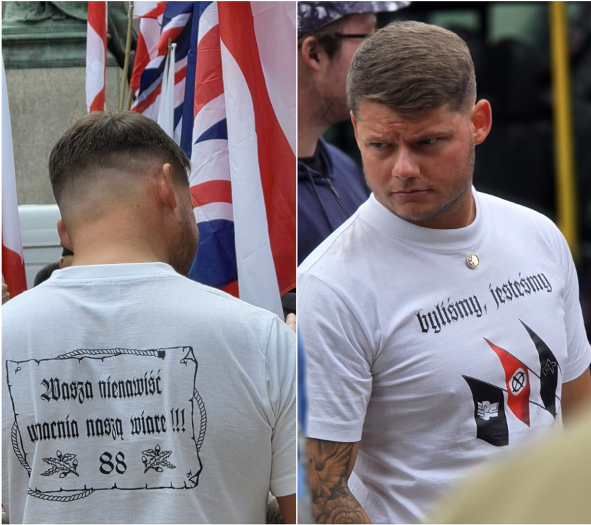 Ryan Ferguson, who has been previously jailed for racially aggravated harassment, pictured wearing a t-shirt with neo-Nazi connotations at a Britain First march 