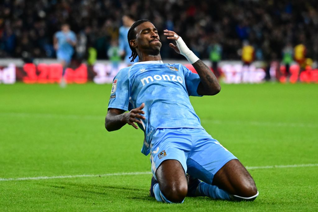 Coventry City striker Haji Wright celebrates his first goal against Middlesbrough