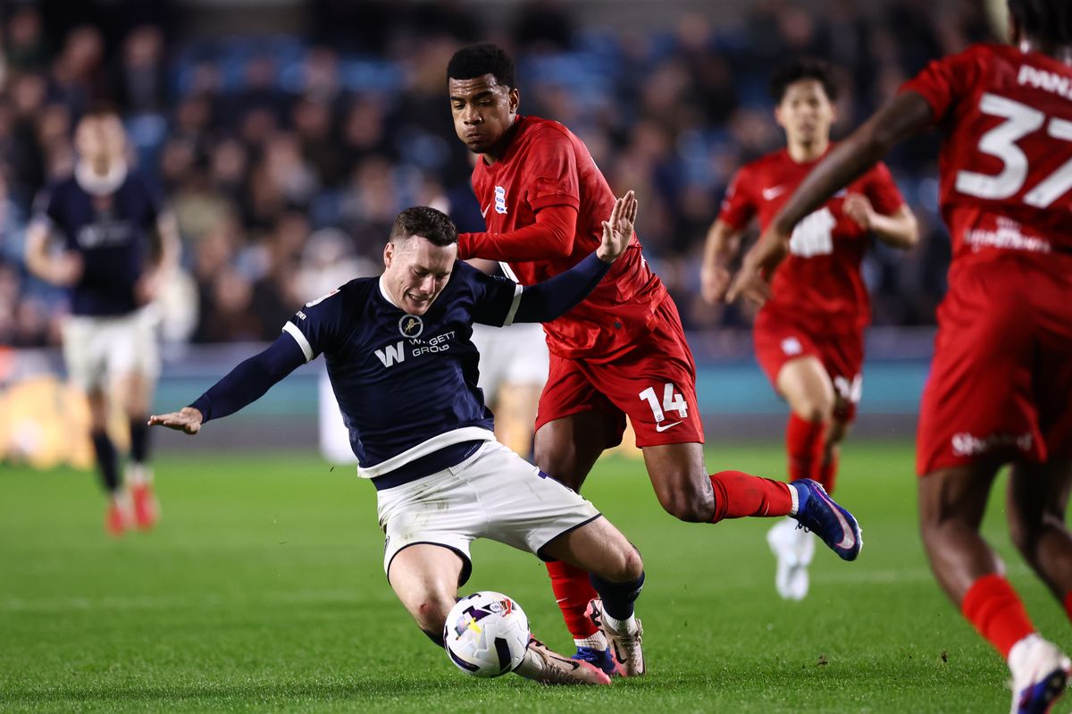 Jhon Solis makes a foul in Birmingham City's defeat to Millwall before being sent off