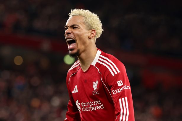 Ekitike celebrates a goal for Liverpool.