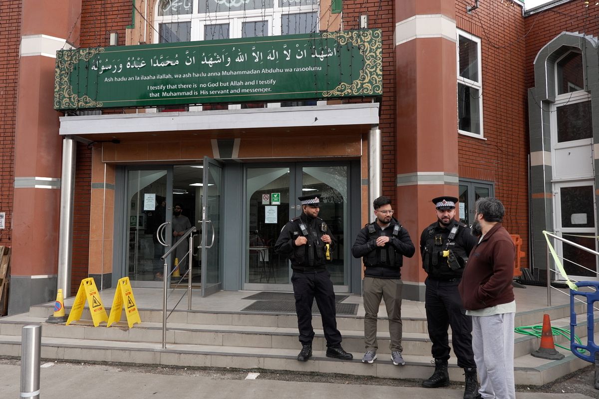 Police outside the Manchester Central Mosque