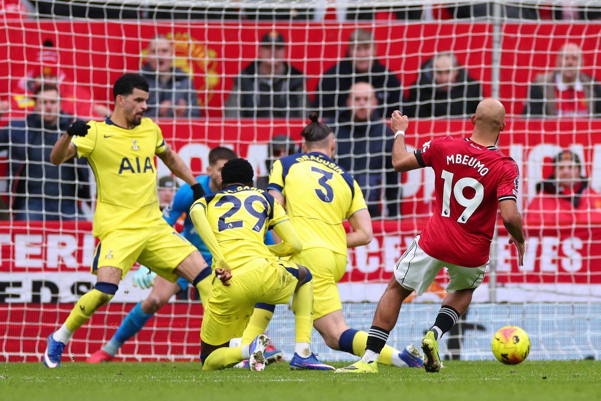 Bryan Mbeumo scores the opening goal during the Premier League match between Manchester United and Tottenham Hotspur at Old Trafford. 
