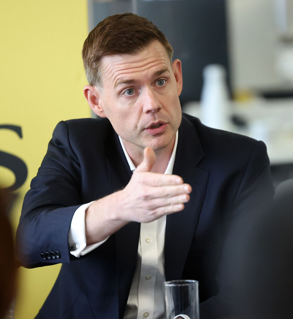 Matt Goodwin (Reform UK) Gorton and Denton by-election hustings at the Manchester Evening News offices, Hollinwood Avenue, Oldham. 12 February 2026