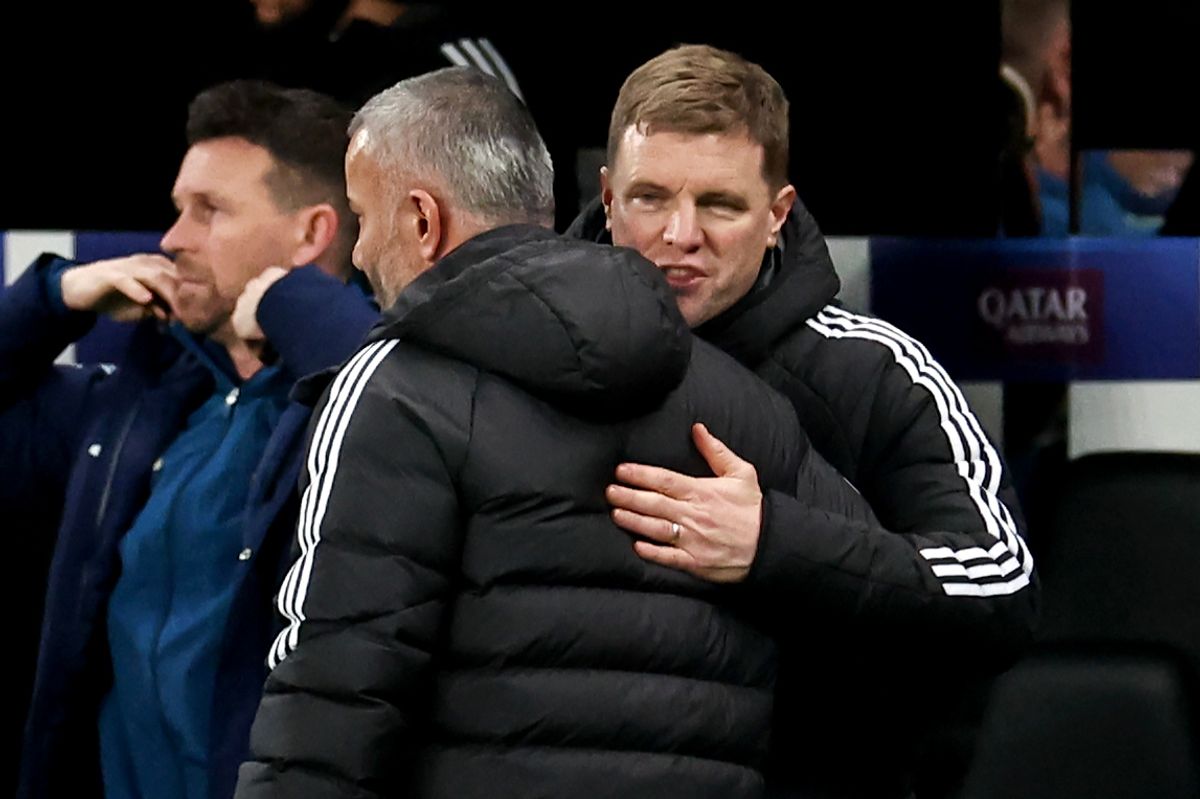 Newcastle United manager Eddie Howe embraces Qarabag's manager Gurban Gurbanov