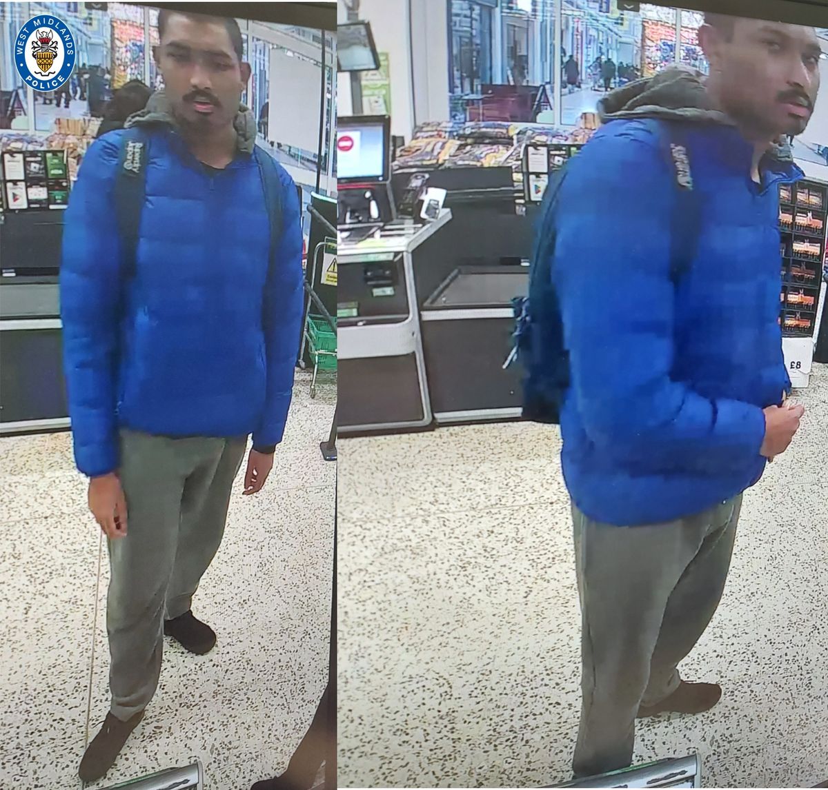 CCTV images of a man in a shop who is of Asian appearance with short black hair, a moustache and goatee beard, pictured wearing a royal blue puffer jacket, over a hooded top, and is wearing a rucksack, grey jogging bottoms and black shoes