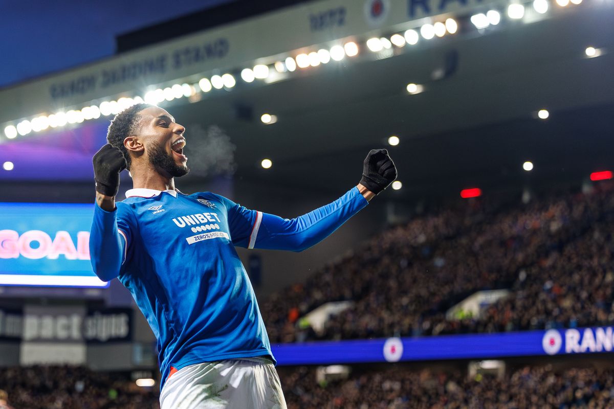 Youssef Chermiti of Rangers celebrates scoring against Hearts