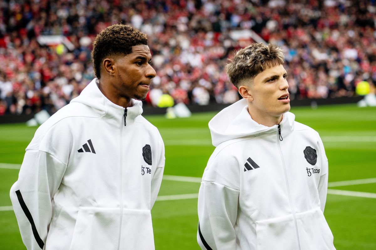 Marcus Rashford and Alejandro Garnacho of Manchester United interact prior to the Premier League match between Manchester United FC and Liverpool FC