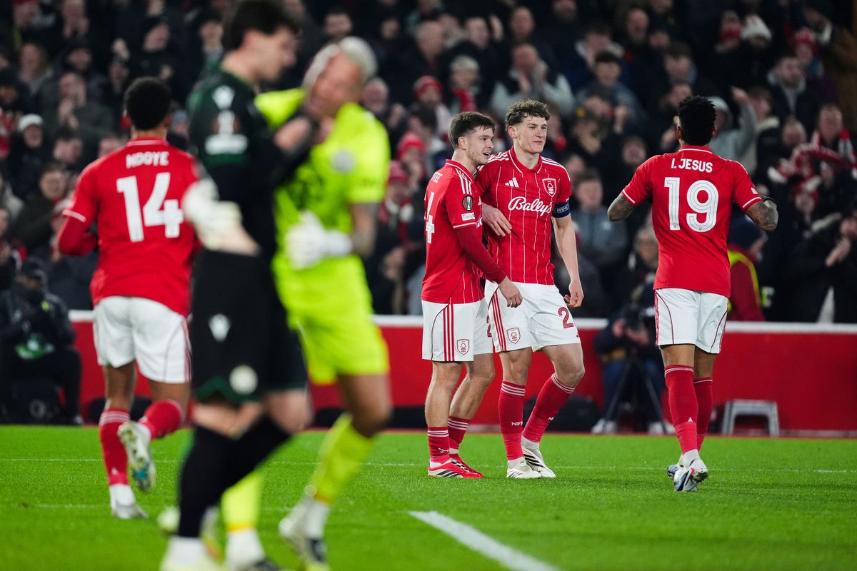Ryan Yates (centre) celebrates with James McAtee (left) and Igor Jesus as Nottingham Forest take the lead against Ferencvaros