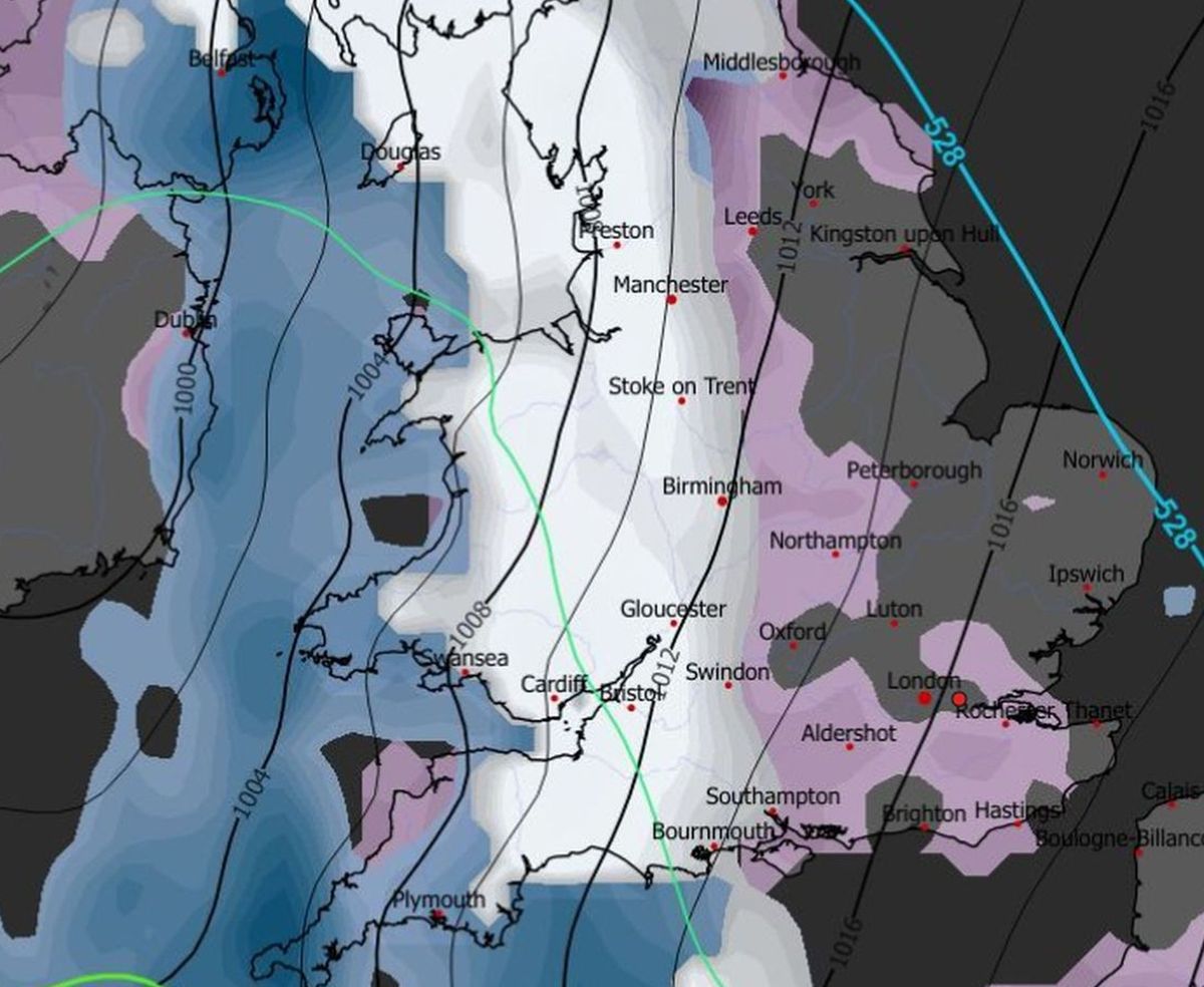 GFS forecasted snow on Sunday, February 15. Confidence in this model run is lower, with any snow more likely to be confined to North Wales