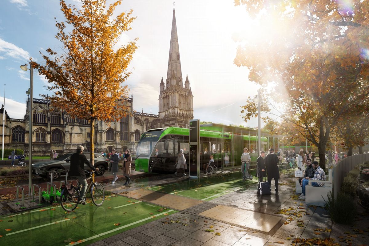 Images released by the West of England Metro Mayor Helen Godwin showing how a mass transit system could look, with trams at Bristol Airport and outside St Mary Redcliffe Church in Bristol.
