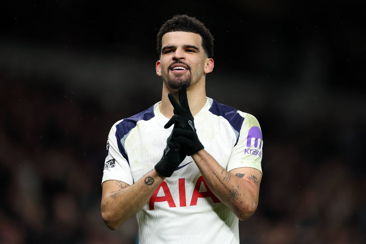 Dominic Solanke celebrates scoring his team's second goal during the Premier League match between Tottenham Hotspur and Manchester City. 