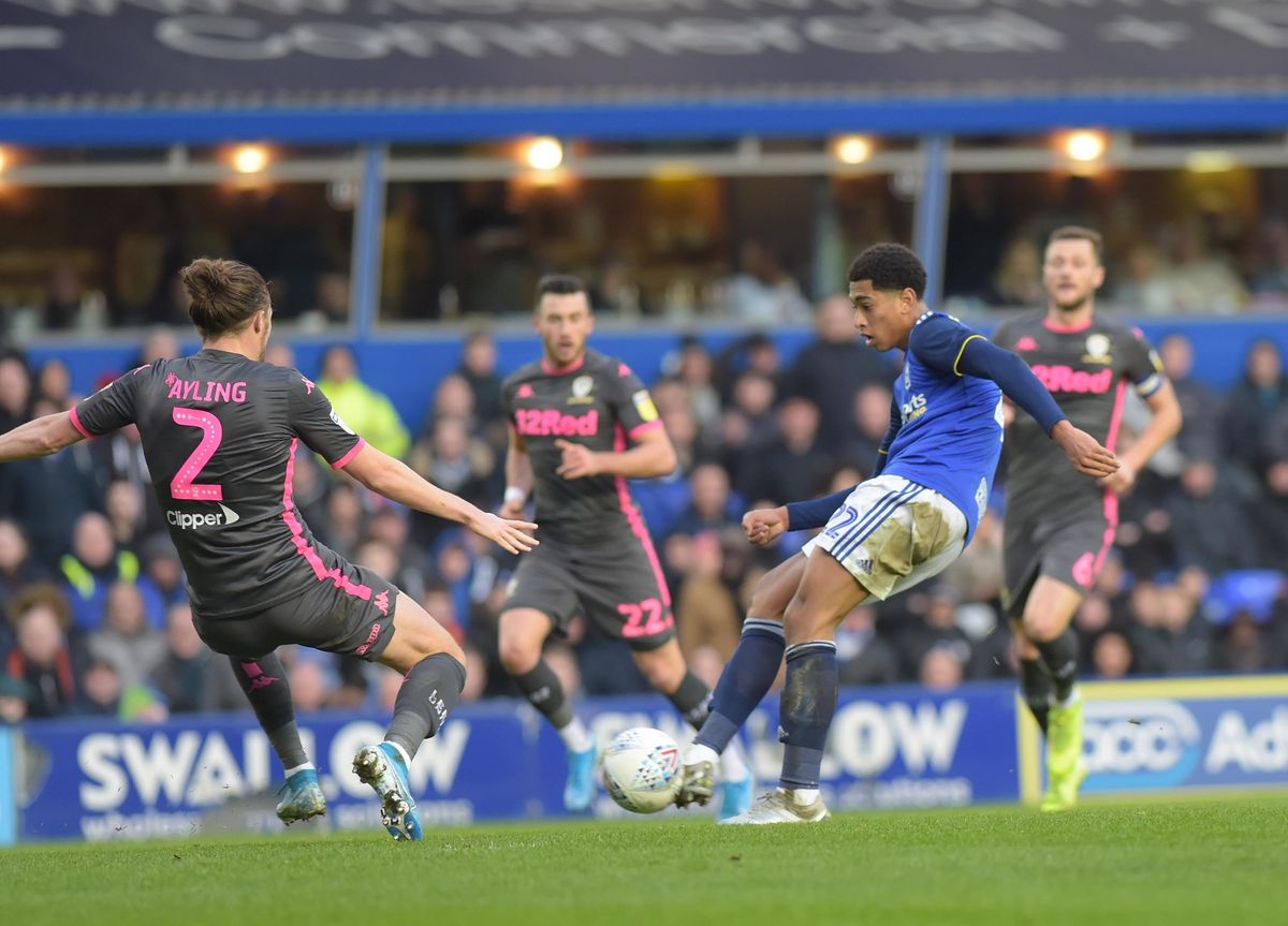 Jude Bellingham celebrates after shooting past Luke Ayling to make it Birmingham City 1, Leeds United 2.