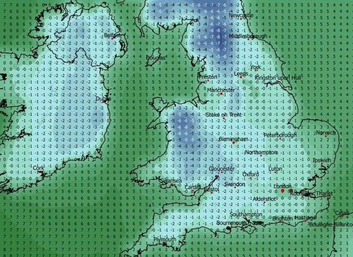 GFS forecasted temperature minimums in the early hours of Saturday, February 14