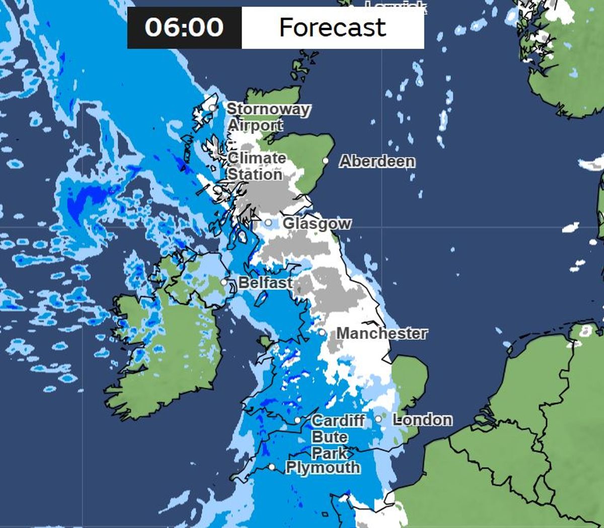 Met Office maps showing snow at 6am on Sunday 15 February