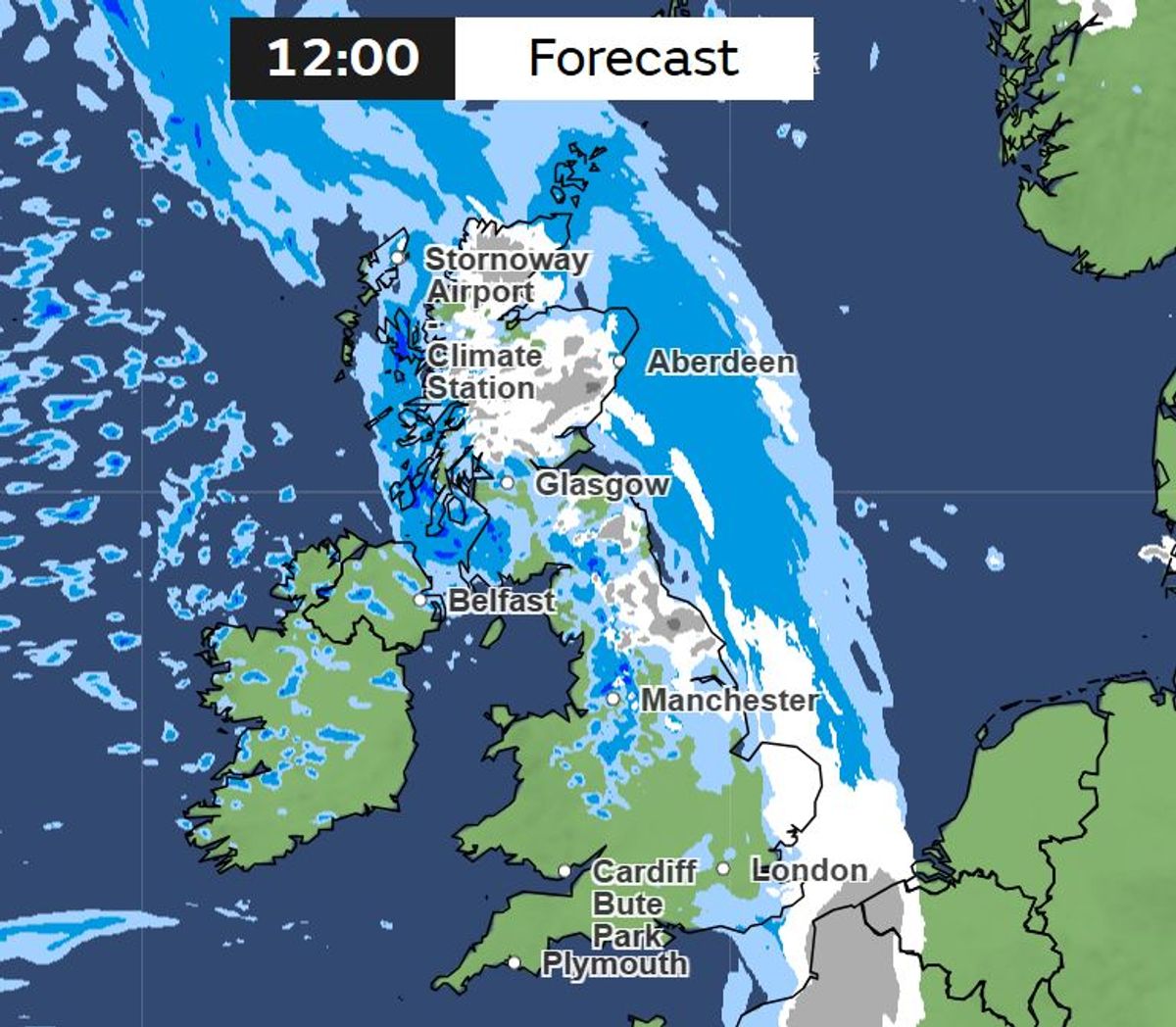 Met Office weather maps showing snow passing over UK by 12pm on Sunday 15 February