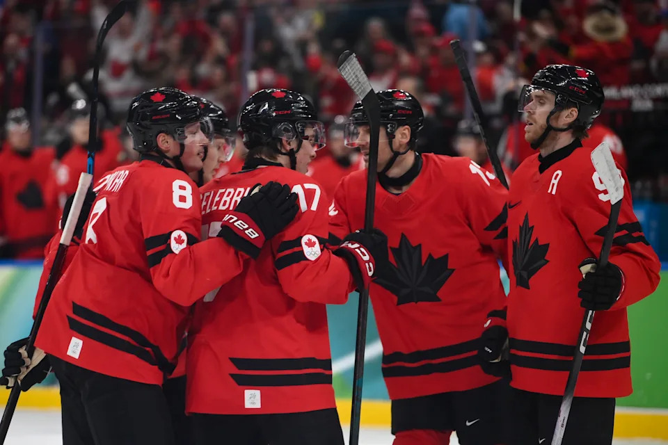 MILAN, ITALY - FEBRUARY 18:  Macklin Celebrini of Team Canada celebrates a goal  during the Ice Hockey Men Quarterfinals match between Canada vs Czechia on day twelve of the Milano Cortina 2026 Winter Olympic games at Milano Santa Giulia Ice Hockey Arena on February 18, 2026 in Milan, Italy. (Photo by Stefano Guidi/Getty Images)