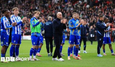 Sheffield Wednesday boss Henrik Pedersen (centre and his player) applaud the club's travelling support at Bramall Lane