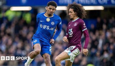 Wesley Fofana and Hannibal Mejbri compete for the ball during the Premier League match between Chelsea and Burnley at Stamford Bridge